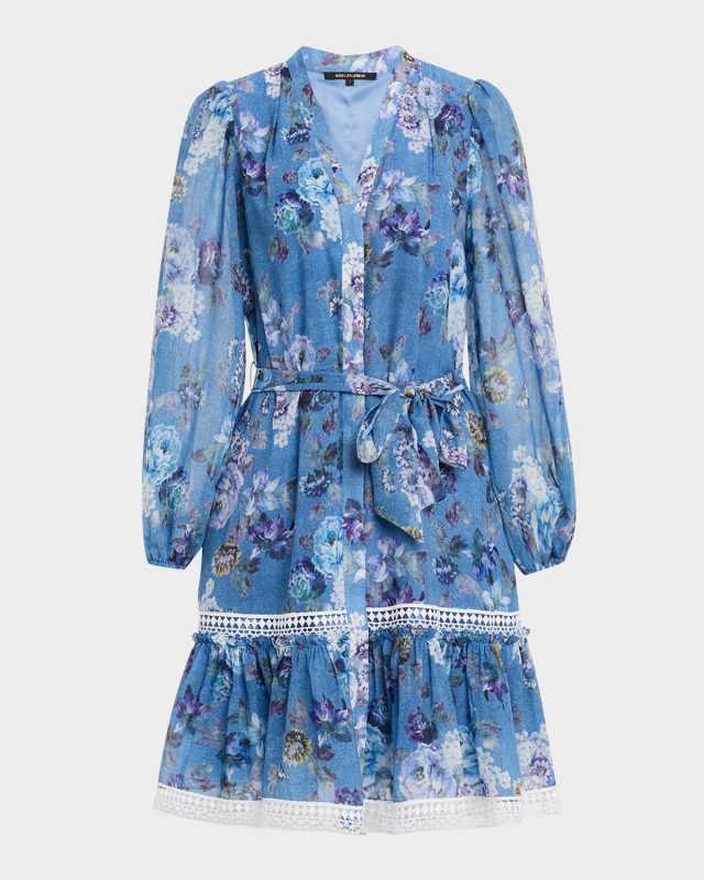Elisa Long-Sleeve Floral Lace-Trim Dress